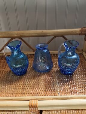 Set Of Three Blue Crackle Glass